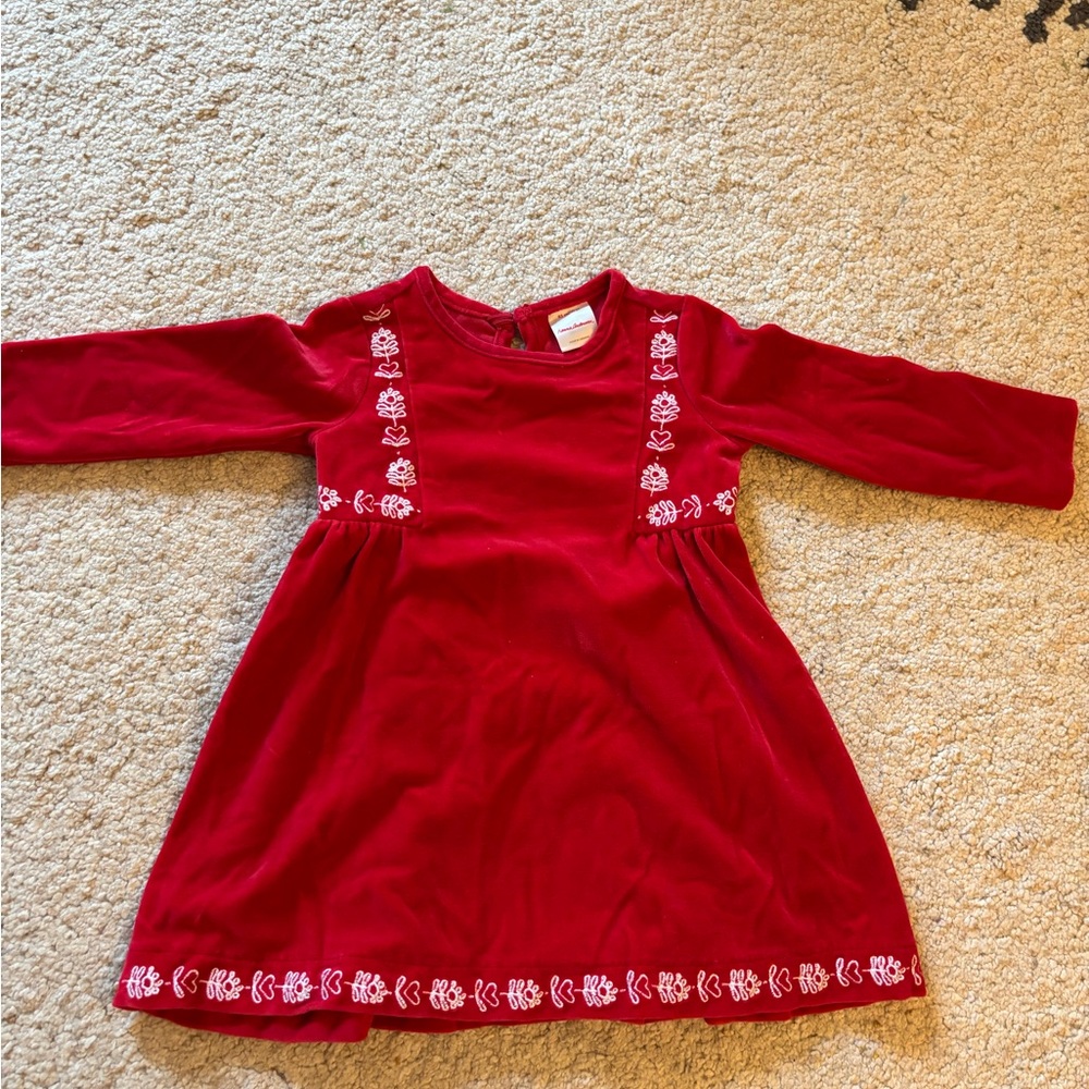 Hanna Andersson Red Velvet Long-Sleeve Girls Dress with Embroidered Hem